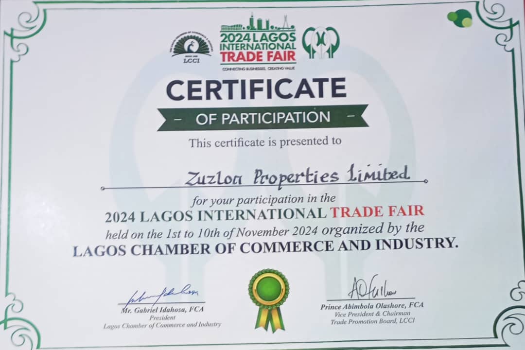 Zuzlon Properties Limited Certificate of Participation at the November 2024 Lagos International Trade Fair at Tafawa Balewa Square (TBS), Lagos State